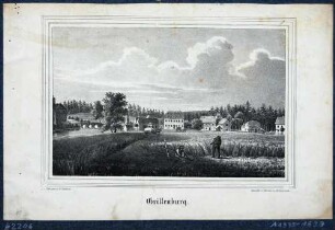 Ansicht von Grillenburg bei Tharandt - im Vordergrund zwei Schnitter, rechts das Jagdschloss mit der Schlossbrücke und dem Gondelteich, aus Sachsens Kirchen-Galerie von Hermann Schmidt, 1838 Bd. 2