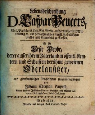 Lebensbeschreibung D. Caspar Peucers