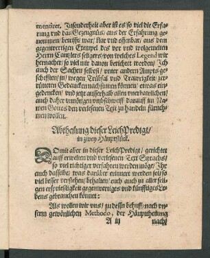 Abtheilung dieser Leich Predigt/ in zwey Häuptstück.