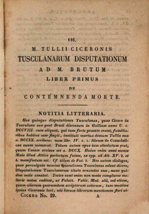 Marci Tullii Ciceronis opera, 29. Tusculanarum Disputationum Ad M. Brutum Libri V.