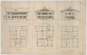 Thiersch, August ; Landhaus, Projekt - Grundriss EG, Grundriss 1. OG, Grundriss DG