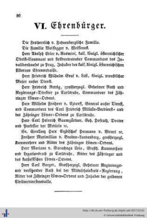 Ehren-Bürger, Alphabetisches Verzeichniß der Künstler, Handels- und Gewerbsleute, Verzeichniß sämmtlicher Hauseigenthümer in Freiburg, Herdern und Wiehre.
