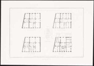 Wohnhaus des Herrn Prale, Hamburg: Lageplan, Grundrisse Keller, 1.OG, 2.OG, 3.OG (aus: Architektonisches Album, Bd. 1, H.12, hrsg.v. Stüler, Knoblauch, Salzenberg, Strack, 1846)