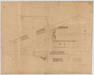 Thiersch, August ; München; Landwirtschaftsausstellung, Oberbayerisches Wohnhaus - Giebel (Schnitt, Details)