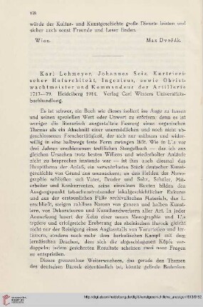 [Rezension von: Karl Lohmeyer, Johannes Seiz, Kurtrierischer Hofarchitekt, Ingenieur sowie Obristwachtmeister und Kommandeur der Artillerie 1717-79]