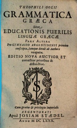 Educationis puerilis linguae graecae pars .., 2