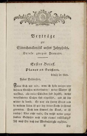 Beyträge zur Sittencharakteristik unsers Jahrzehnds. Briefe zweyer Freunde.