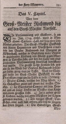 Das V. Capitel. Von dem Groß-Meister Richmond bis auf den Groß-Meister Norfolk.