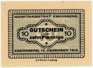 Geldschein / Notgeld, 10 Pfennig, Neudruck der Gutscheine mit Datum 15.12.1916