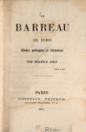 Le barreau de Paris, études politiques et littéraires