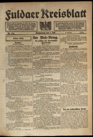 Erste Ausgabe vom Donnerstag, den 01. Juli 1915.