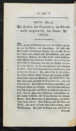 Taf. XII. Fig. 59. Die Hyäne, das Grabthier, der Abendwolf, Tigerwolf Fig. 60. - [Fig. 61.] Ein Sinefischer Kriegs-Mandarin Fig. 62. Das Zibetthier (oder Stinkthier) Fig. 63. Der Lux Fig. 64. Die Gemse Fig. 65. Der Mustae, oder weißnasige Meerkatze