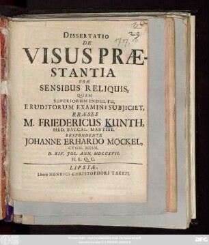 Dissertatio De Visus Præstantia Præ Sensibus Reliquis