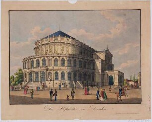 Der erste Bau der Semperoper (1841 erbaut, 1869 abgebrannt) auf dem Theaterplatz in Dresden, Blick nach Südesten