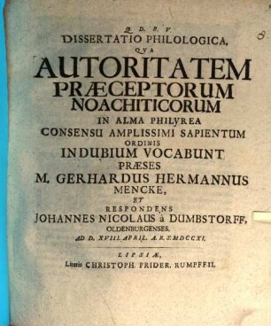 Dissertatio Philologica, Qva Autoritatem Præceptorum Noachiticorum