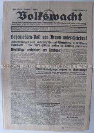 Regionale kommunistische Tageszeitung "Volkswacht" u.a. zur Entschädigung der Hohenzollern