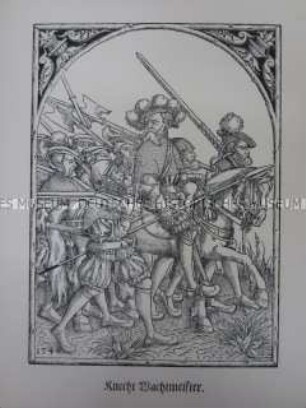 Kriegerdarstellung, Wachtmeister der Knechte zu Pferde, Landsknechte mit Büchse, Hellebarden, Spießen und Bidenhänder im Gefolge, 1546/1559.