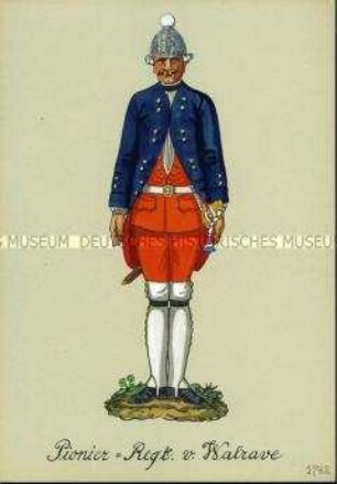 Uniformdarstellung, Gemeiner des Pionier-Regiments von Walrave, Preußen, 1742.