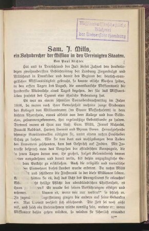 Sam. J. Mills, ein Bahnbrecher der Mission in den Vereinigten Staaten