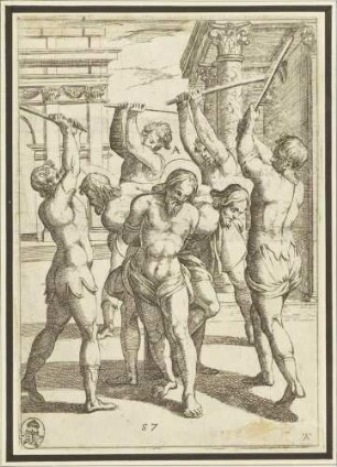 Schlagen dreier am Rücken zusammengebundener Heiliger (Illustration 57 der Serie der Martyrien der frühen Christen)
