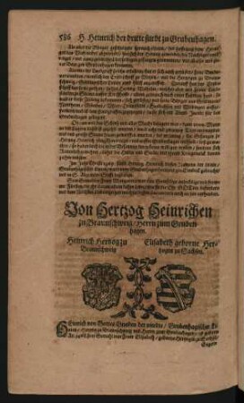 Wappen. Heinrich Hertzog zu Braunschweig. und Elisabeth geborne Hertzogin zu Sachsen.