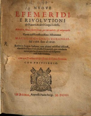 Nuove Efemeridi e Revolutioni de Pianeti ed altri corps celesti
