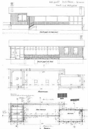 Unterhausen-Spinnerei: Nebengebäude Wartegebäude/off.Wartehalle Grundriß EG,Fundament,Längsansichten