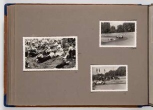 Albumseite mit Fotos von einem Autorennen : Fotoalbum zum Rennsport in der DDR ab 1951. Kartoneinband mit Kordelbindung; 24,5 x 35 x 2 cm (1951). Dresden: SLUB/DF 2017.D.39