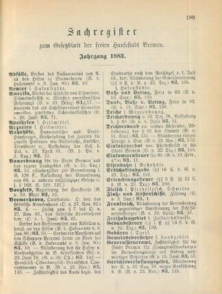 Sachregister zum Gesetzblatt der freien Hansestadt Bremen