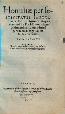 Homiliae per festivitates Sanctorum, Pars Hyemalis