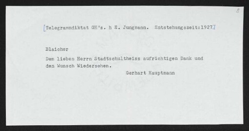 Brief von Gerhart Hauptmann an Ernst Blaicher