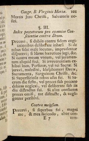 101-111, §. III. Index peccatorum pro examine Conscientiae contra Deum. §. IV. Remedia Peccatorum generalia. §. V. De Examine Particulari.