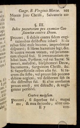 101-111, §. III. Index peccatorum pro examine Conscientiae contra Deum. §. IV. Remedia Peccatorum generalia. §. V. De Examine Particulari.
