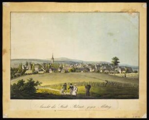 Ansicht von Pulsnitz, Umrißradierung, um 1830 : Ansicht der Stadt Pulsnitz gegen Mittag. - [S.l.] , [um 1830]. - 1 Kunstbl. : kolor. Umrißradierung ; 40 x 27 cm