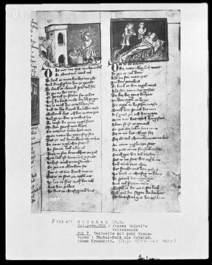 Jacobus Palladini de Anacharano, Prozeß des Teufels Belial mit Christus — Zwei Miniaturen: Thubal-Kain als Schmied; Adams Krankeit, Folio 7recto