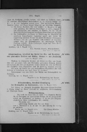 No. 124. Bekanntmachung, betreffend Ermäßigung des Krahngeldes am Entenwärder, vom 18. August 1884.