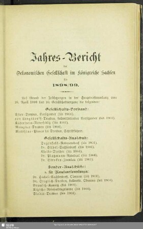 Jahres-Bericht der Oekonomischen Gesellschaft im Königreiche Sachsen für 1898/99