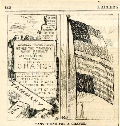 "Any thing for a change." : neben den Trümmern der Tammany Hall weht die Flagge der Südstaaten über der Flagge der USA