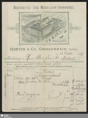 Bourrette- und Modegarn-Spinnerei Goetze & Co., Grossenhain, Sachsen : Rechnung