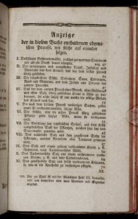 Anzeige der in diesem Buche enthaltenen chymischen Processe, ...