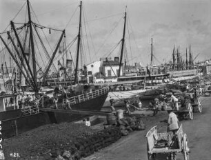 Hafenleben : Hafen von Palma de Mallorca, mit Schiffen die be- und entladen werden