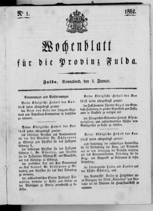 Nr. 1, Ausgabe vom 3. Januar 1852