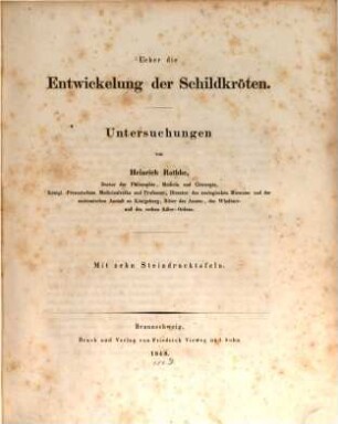 Über die Entwickelung der Schildkröten : Untersuchungen : mit zehn Steindrucktafeln