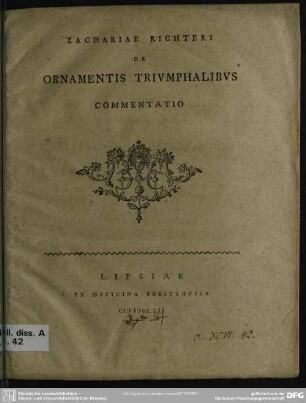 Zachariae Richteri De Ornamentis Triumphalibus Commentatio