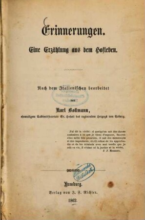 Erinnerungen : eine Erzählung aus dem Hofleben