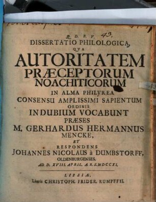 Dissertatio Philologica, Qva Autoritatem Præceptorum Noachiticorum