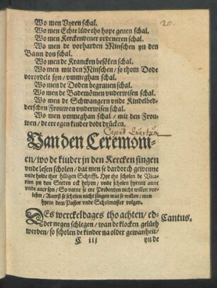 Van den Ceremonien/ wo de kiuder in den Kercken singen unde ...