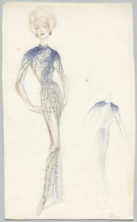 Ein hochgeschlossenes, teiltransparentes Showkleid mit floralen Applikationen, Zweigranken, dazu eine Detailzeichnung (Archivtitel)