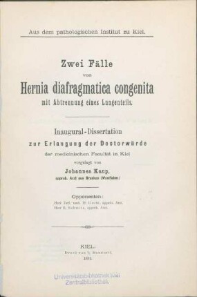 Zwei Fälle von Hernia diafragmatica congenita mit Abtrennung eines Lungenteils