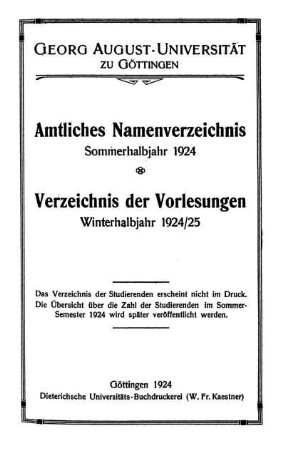 SS 1924: Amtliches Namenverzeichnis, Verzeichnis der Vorlesungen [enthält Verzeichnis der Vorlesungen WS 1924/25]